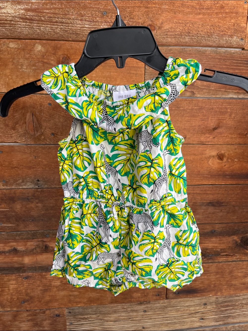 Okie Dokie Baby Girls Tropical Animal Romper 18M Green Yellow Cotton Ruffle